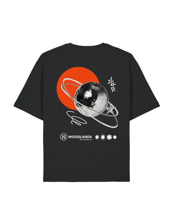 Shirt Collage, schwarz, hinten Saturn Disco Orange