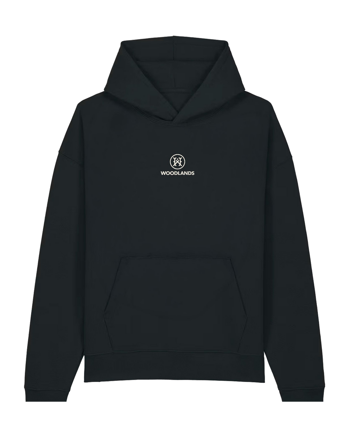 Pulli Logo, schwarz, vorne rundes Logo mit Woodlands